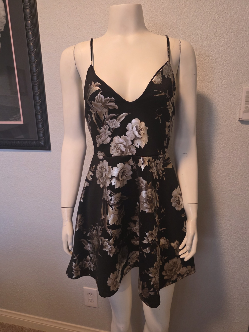 Charlotte Russe Black Floral Slip Dress with Metallic Gold Print